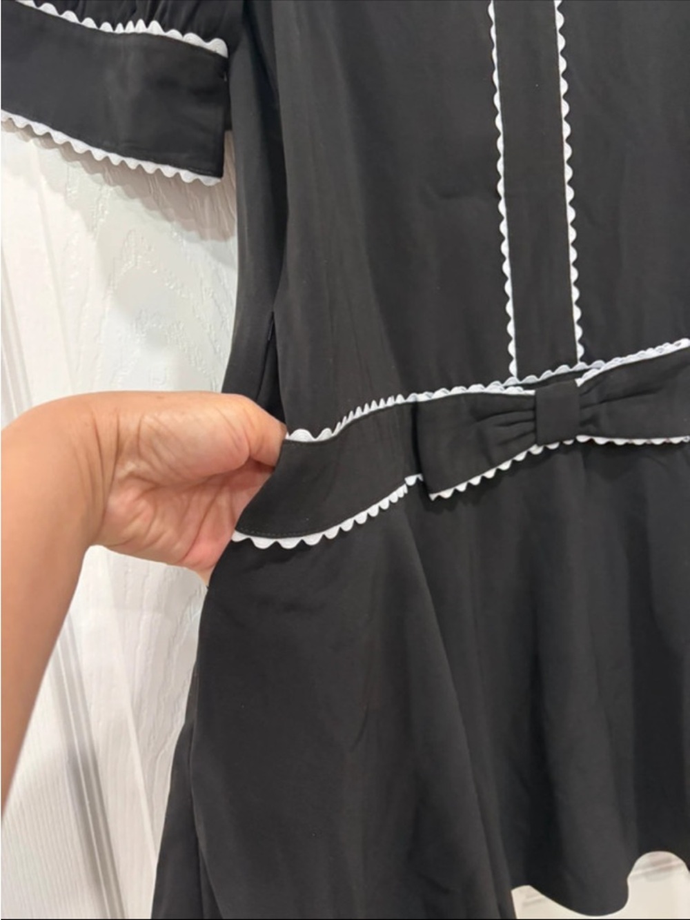 entro Black Mini Dress with White Scallop Trim and Bow - Picture 3 of 3